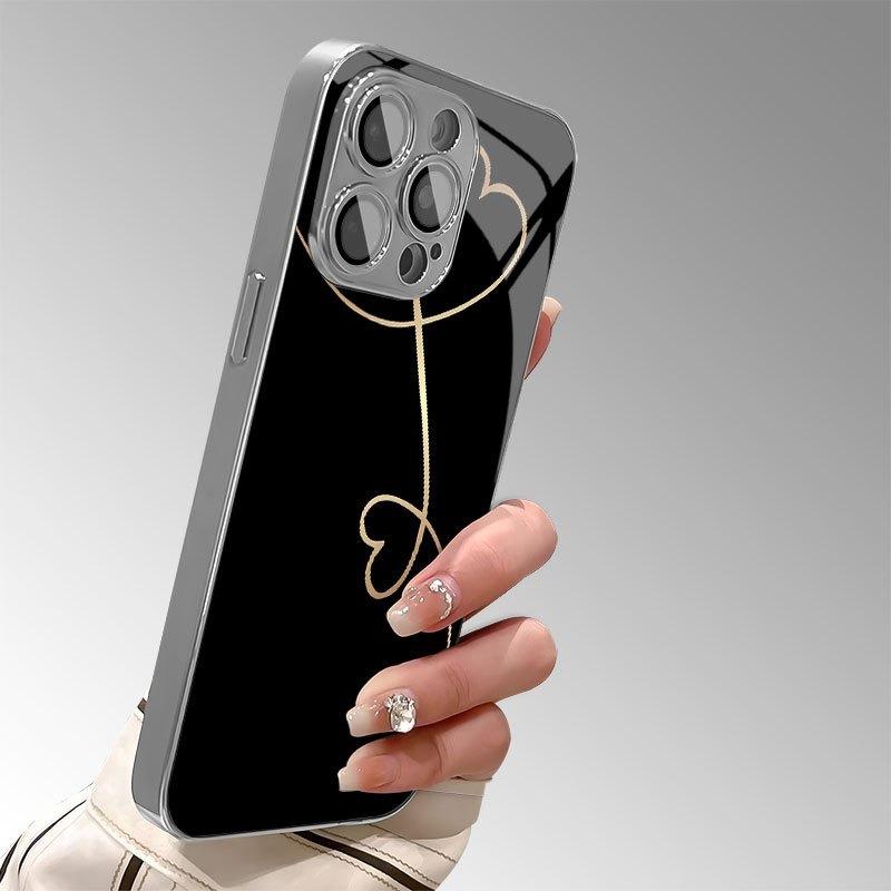 Simple Gold Heart Line Pattern Glass Electroplated Phone Case For iPhone 17 16 15 14 13 12 11 Pro Max 15 14 Plus 16E 17Air Cover