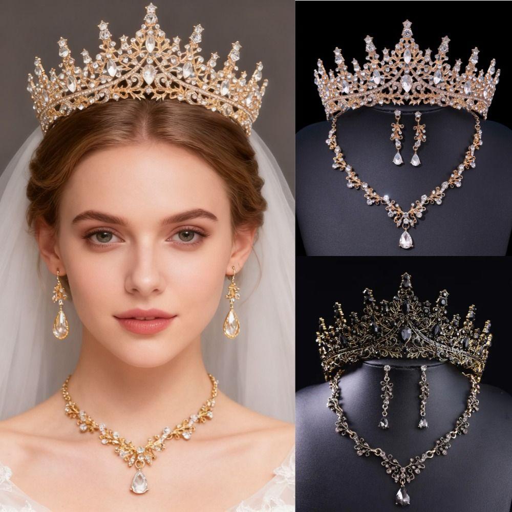3 Pcs Hair Ornaments Bride Jewelry Sets Metal Necklace Earrings and Crown Sets  Women