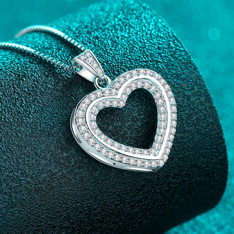 Yin Baichuan S925 Sterling Silver Double Layer Heart Moissanite Necklace for Women - Cute, Sweet, and Exquisitely Gorgeous