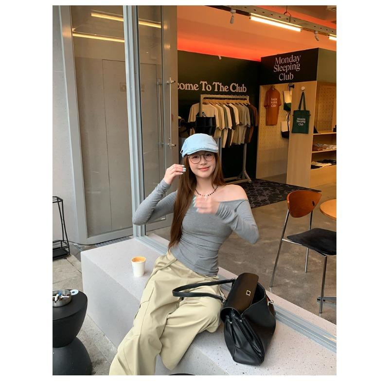Women Off Shoulder Slim Fit Long Sleeve Solid T Shirt Casual Basic Daily Top