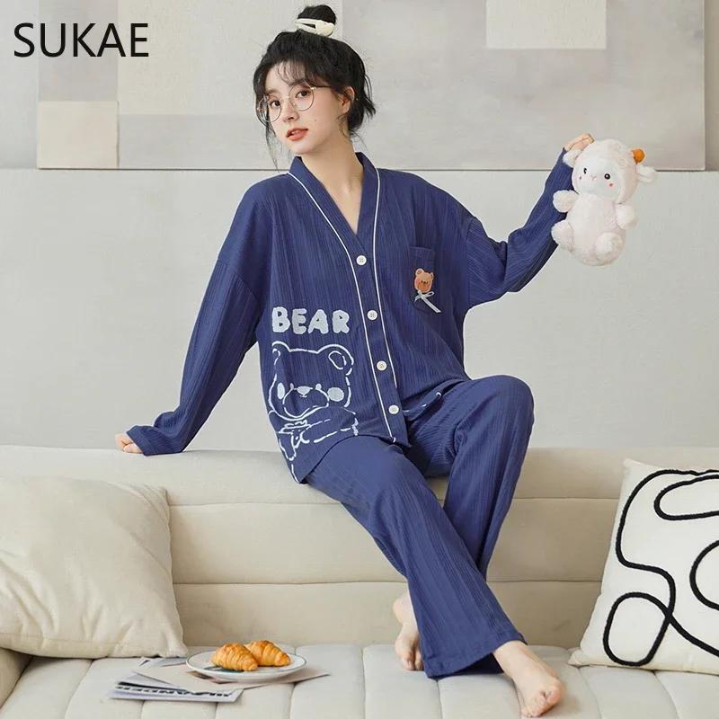 SUKAE New M-5XL Autumn Winter New Cotton Women Pajamas Lady Pijamas Set Loungewear Kimono Cardigan Long Sleeves V-neck Homesuit