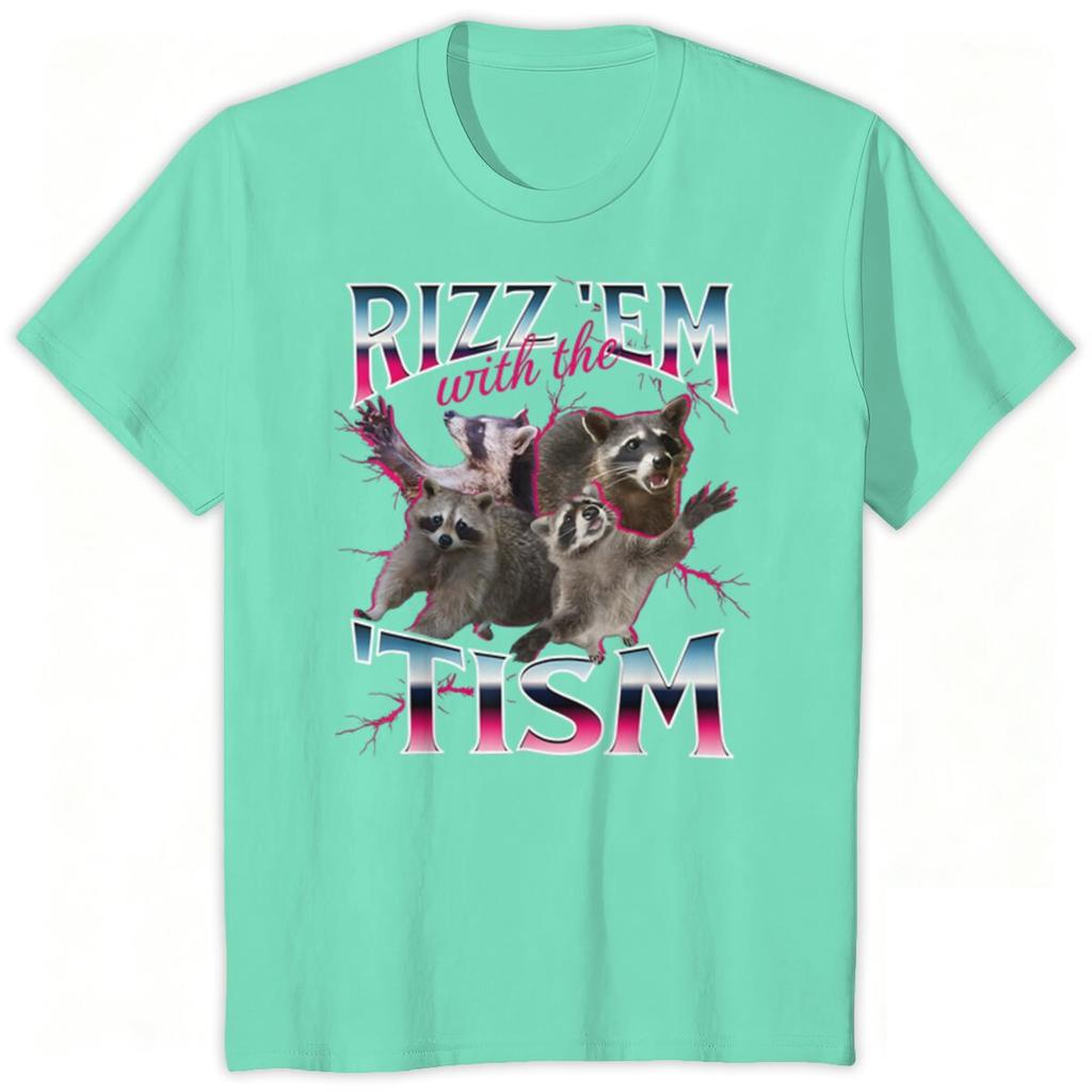 Unisexs Tshirt Rizz Em With The Tism Autism Racoon Print Tees Tops Retro Meme Print Clothes Funny Raccoon Meme Short Sleeve Tee
