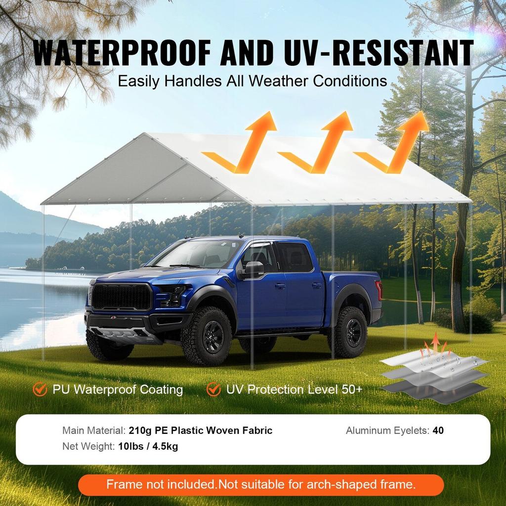 10 x 20 ft Carport Replacement Canopy Cover, Garage Top Tent Shelter Tarp Heavy-Duty Waterproof & UV Protected, Easy Installation with 40 Ball