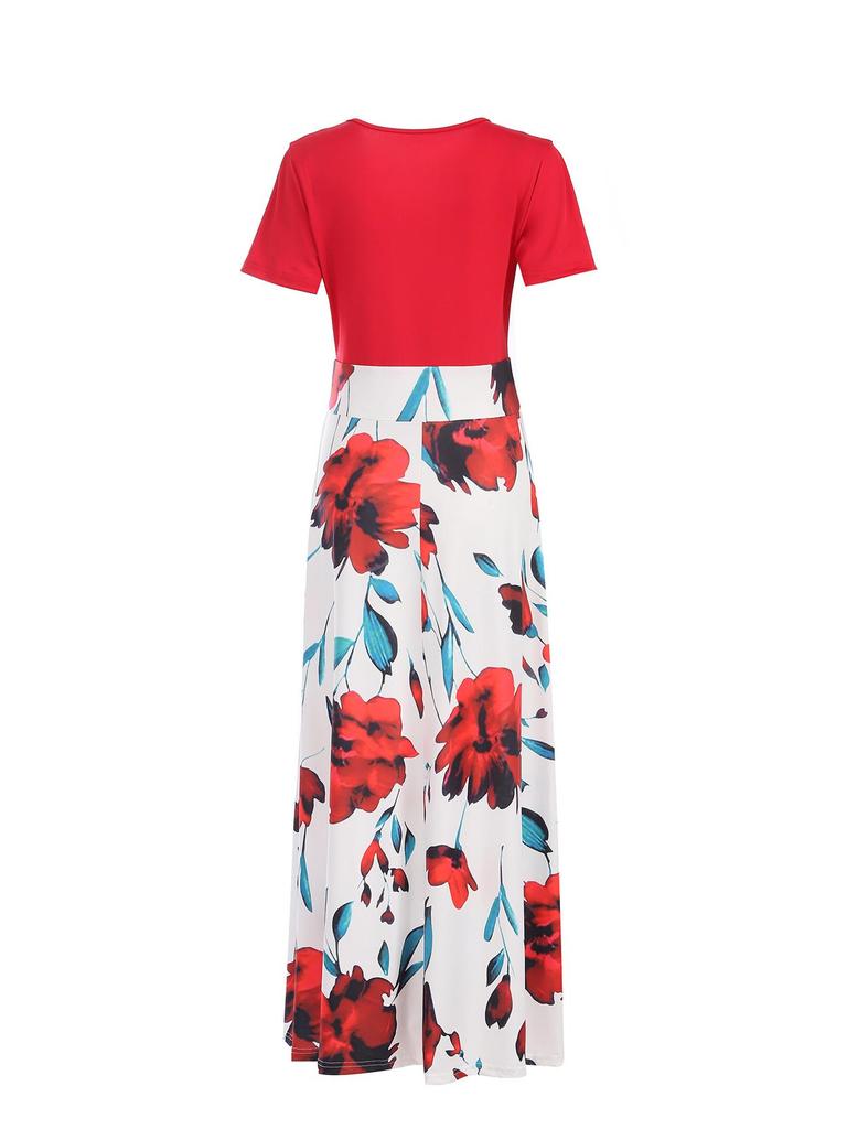 European & American Style Long Skirt with Digital Print, Color-Matched, Long/Short Sleeve Dress for Women