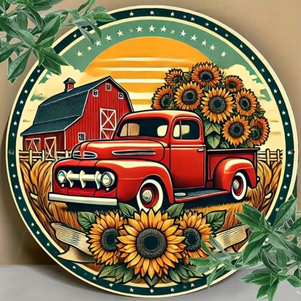 Iron Tin Sign Vintage Red Truck Sunflower Farmhouse Wall Art Decor