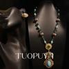 Antique-Style Turquoise Glass Pendant Necklace & Irregular Hoop Earring Set