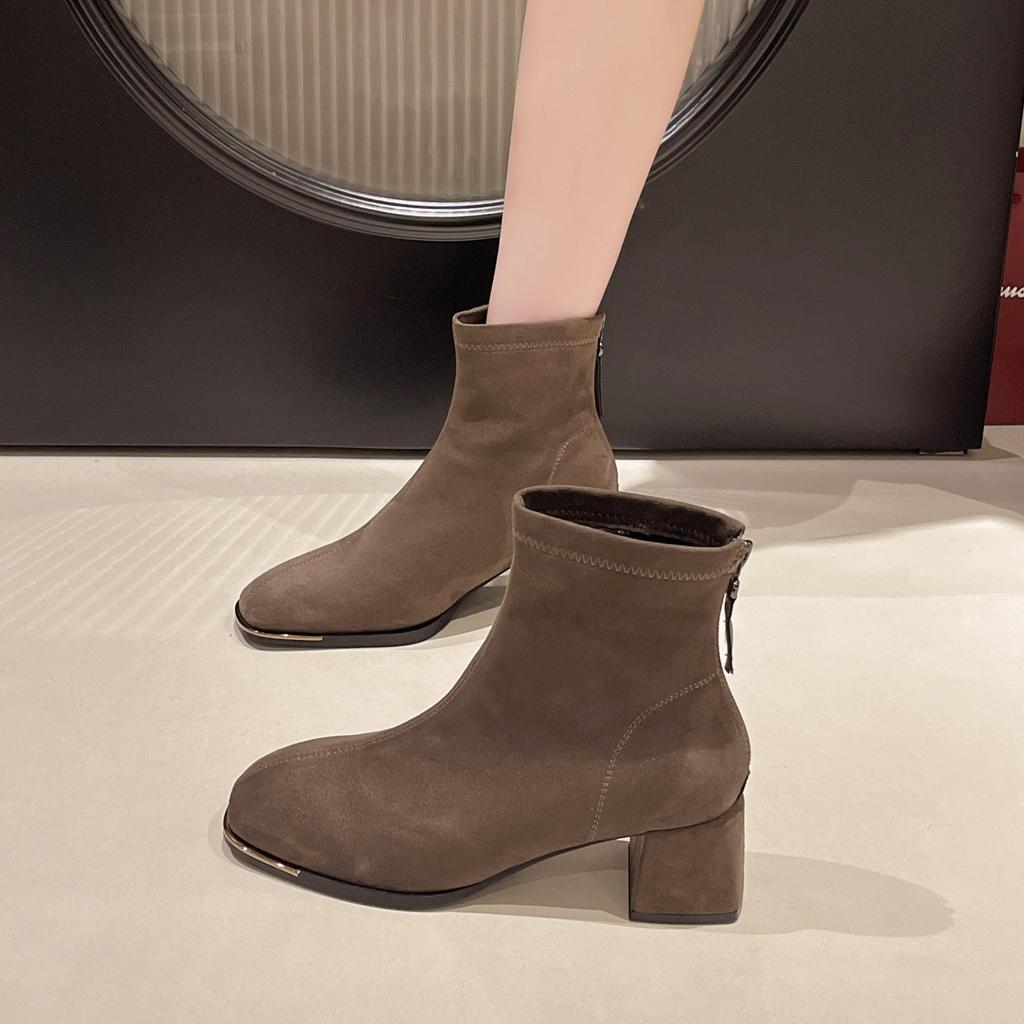 2025 Autumn and Winter New British Style Suede Short Thin Boots French Rear Zipper Square Head Thick Heel Short Boots Women
