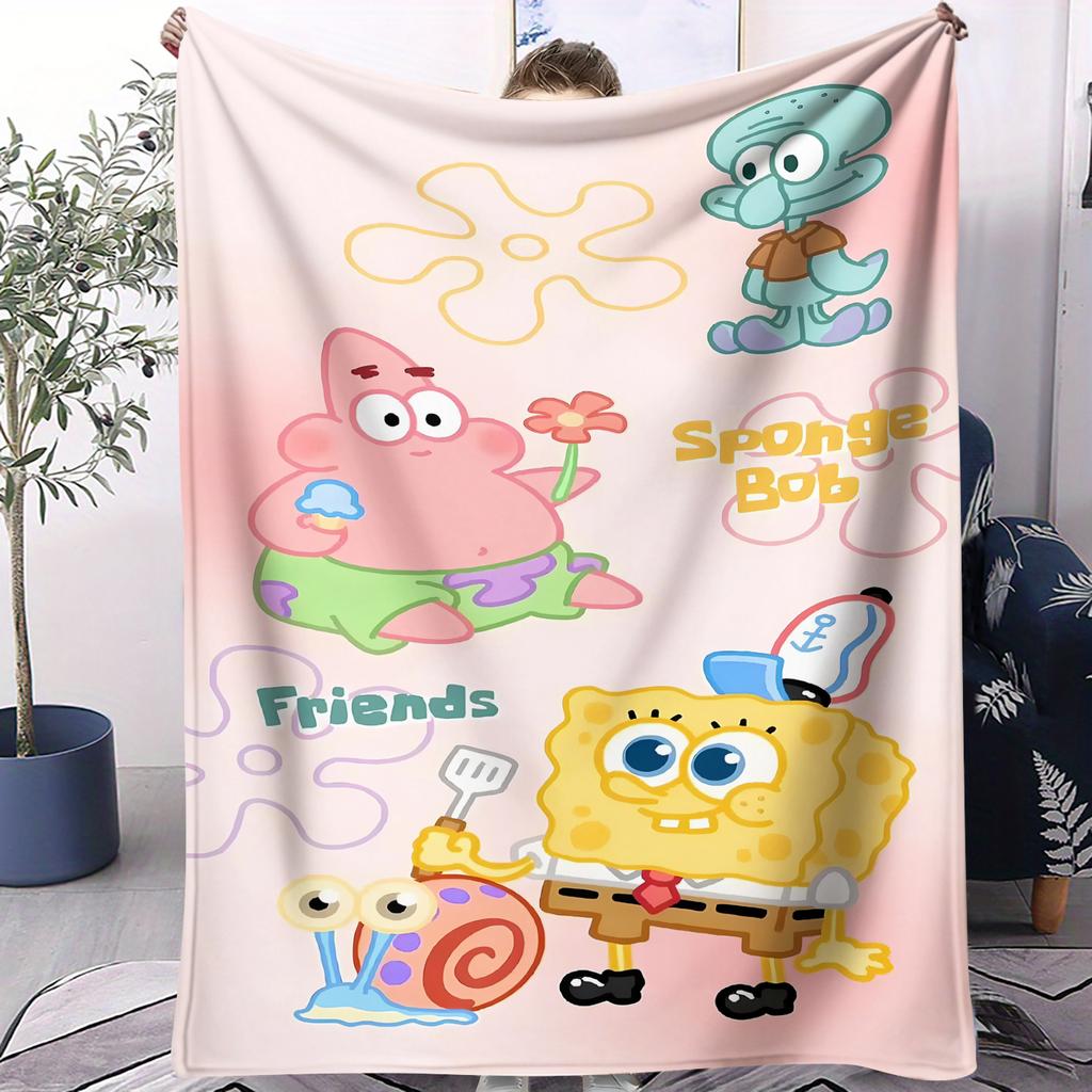 Cartoon Yellow Sponge-Bob Print Warm Blanket For Office Comfort Leisure Camp Travel Multifunctional Universal Blanket Fan Gift
