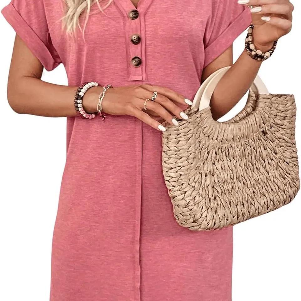 Women Casual Short Sleeve Mini Dress Summer Fashion Solid V Neck Button Down Beach Party Dresses Femme Robe