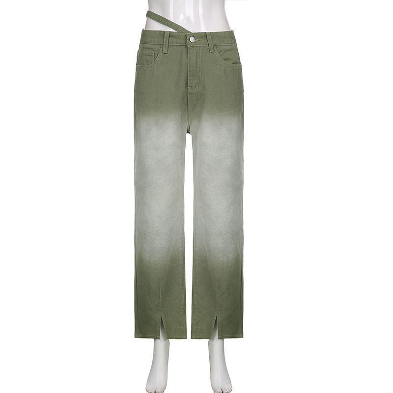 2022 frauen mode hohe taille split up grün frauen Breite bein jeans baggy frau denim capris Hosen jean mom jeans hosen