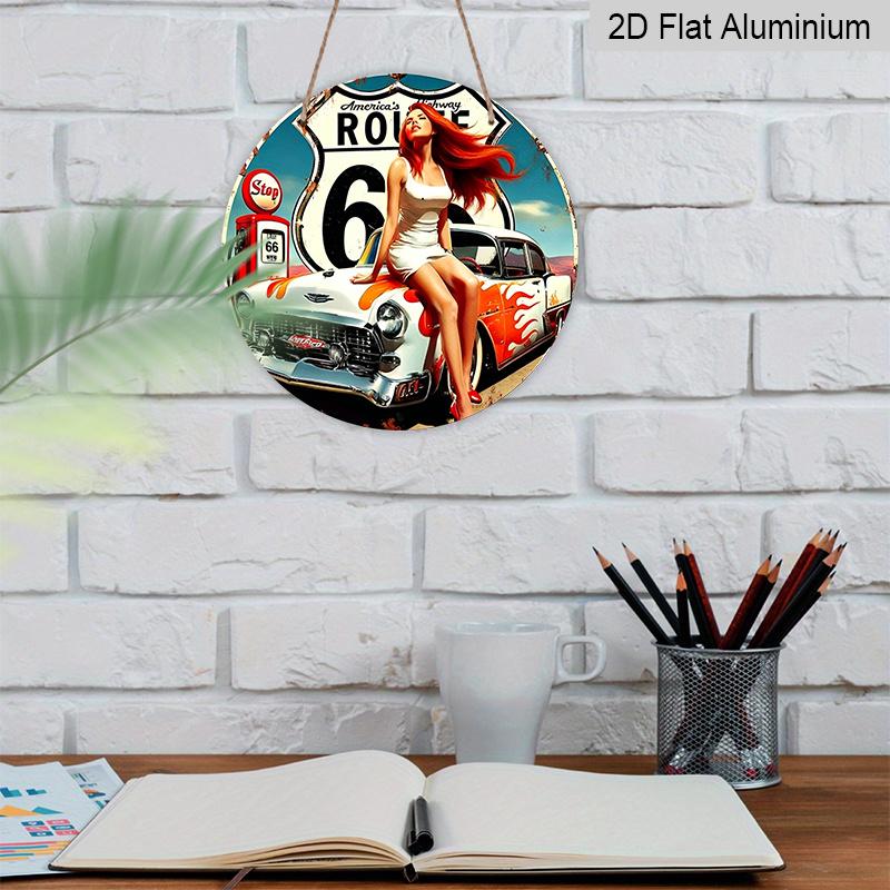 2D Flach, 1 Stück Rundes Aluminium-Hängeschild - Vintage Route 66 Pin-Up Girl Metall-Wandkunst, Retro Klassisches Auto & Zapfsäule Design, Perfekt für die Man Cave