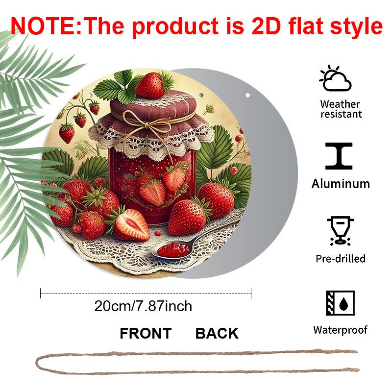 2D Flat Aluminum 7.87 Inch X 7.87 Inch Strawberry and Jam Style Wall Hanging. Suitable for Living Rooms, Kitchens, Bars, Cafes, Clubs, Porches