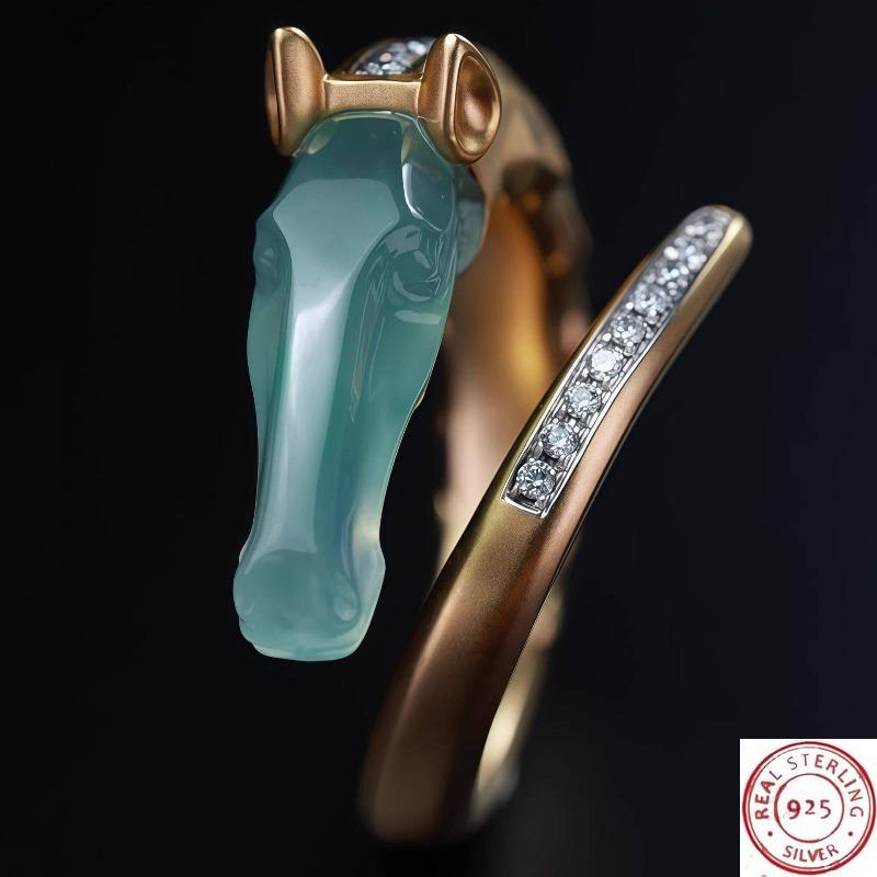

New Chinese Style Imitation Jade Dragon & Horse Ring, Zircon Inlaid Lucky Adjustable Open Band, Minimalist Luck Statement Ring open ring