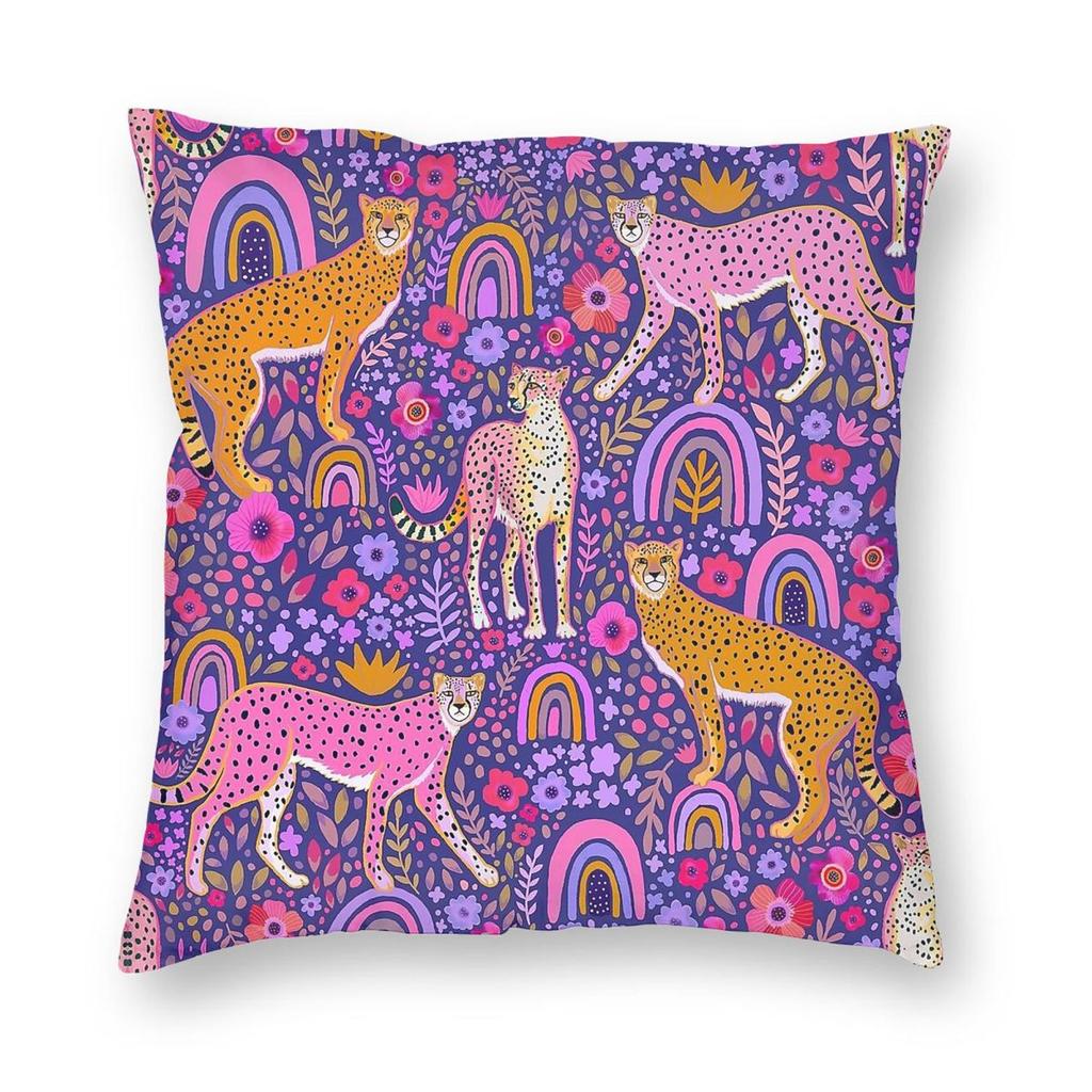Cheetahs In A Rainbow Garden Square Pillowcase Polyester Linen Velvet Printed Zip Decorative Room Cushion Cover