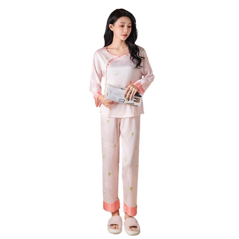 Spring and Autumn New Chinese Ice Silk Pajamas Women's Summer National Style Long Sleeve Antique Premium Silk Homewear Set