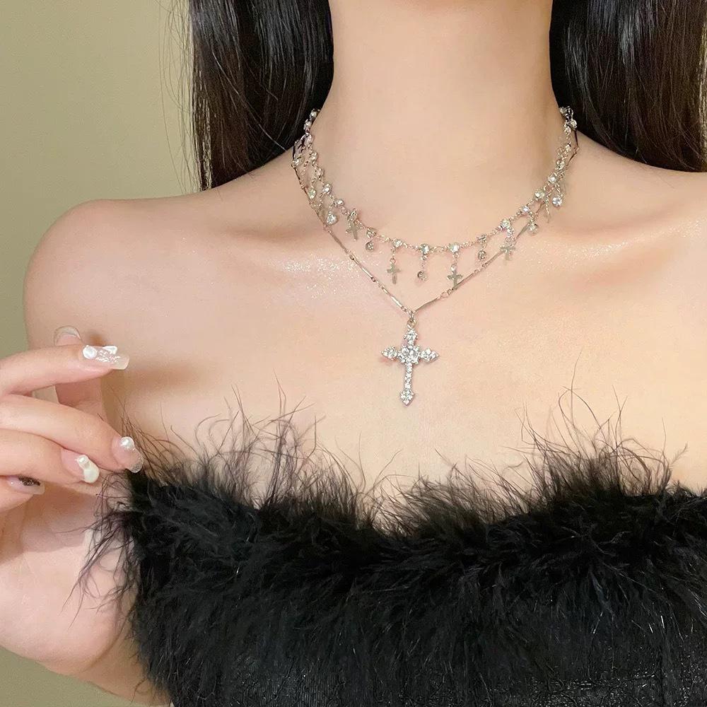 Elegant Diamond Cross Pendant Necklace - Trendy Multi-Layered Clavicle Chain for Women