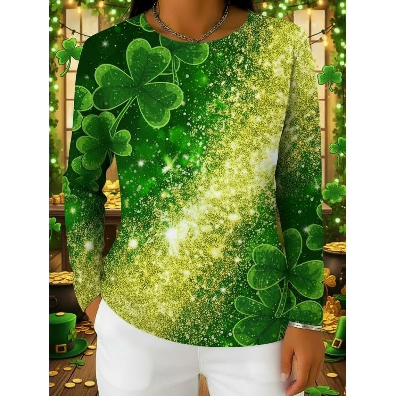 

Women s T Shirt Tee Top Print Shamrock Fashion Classic Casual Long Sleeve Crew Neck Regular Tops S