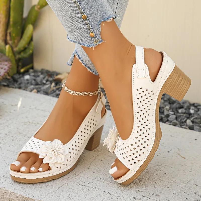 

Fashion Women s Sandals 2025 Summer Classic Retro Slip-on Comfortable High Heels Breathable Non-slip Light Sandals for Women Mujer 43 белый