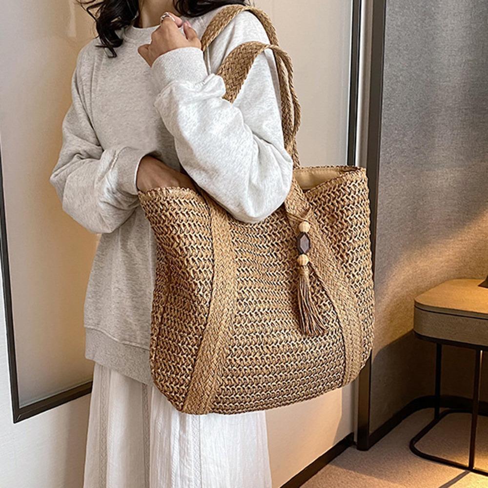 Casual Solid Color Tote Bag Large Capacity Hand Woven Shoulder Bag Tassel Pendant Square Handbag Women