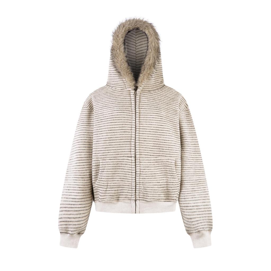 Baifeng American Retro Fur Collar Striped Fleece-Lined Hooded Cardigan Sweatshirt