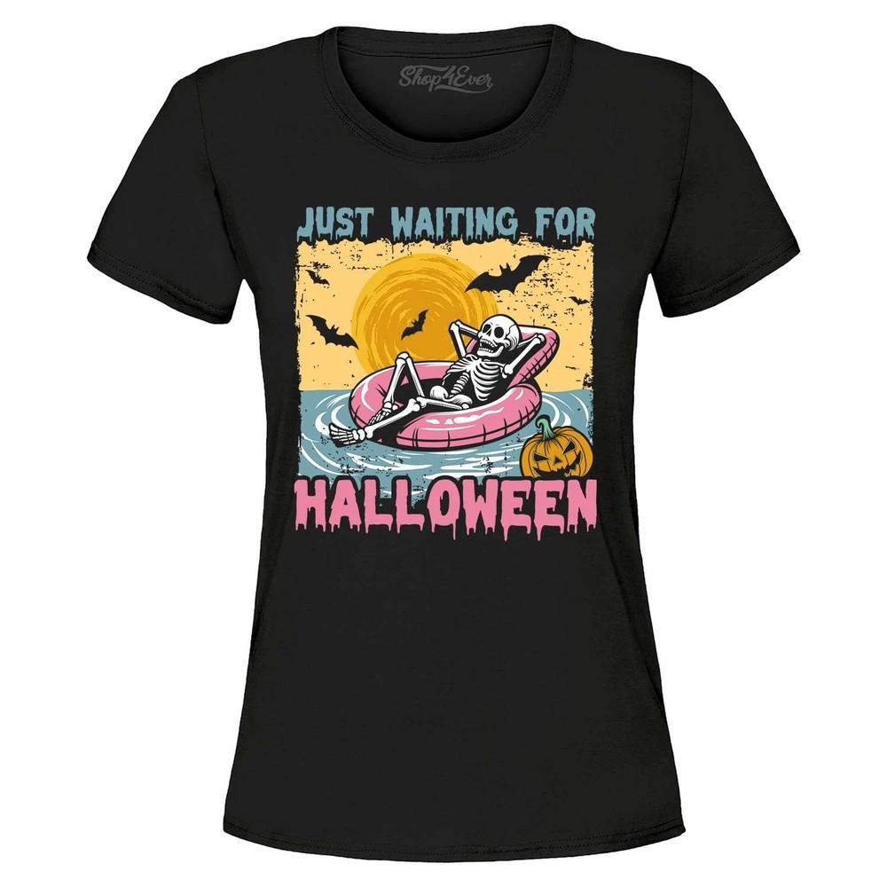 Just Waiting for Halloween Women's T-Shirt Skeleton with Floatie Funny Shirt