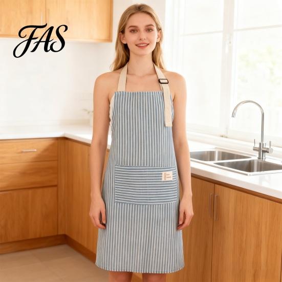 Chef Striped Apron Cotton Linen Kitchen with Pocket Breathable Waterproof Oil-proof Adjustable Men Women Cooking Baking Sleeveless Bib Tool Storage