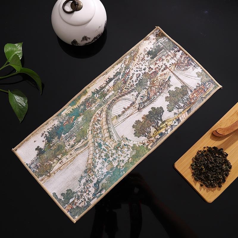Traditional Thick Absorbent Lint Free Tea Towels Microfiber Cloth Antique Painting Chinese Calligraphy Art for Tea Ceremony Home