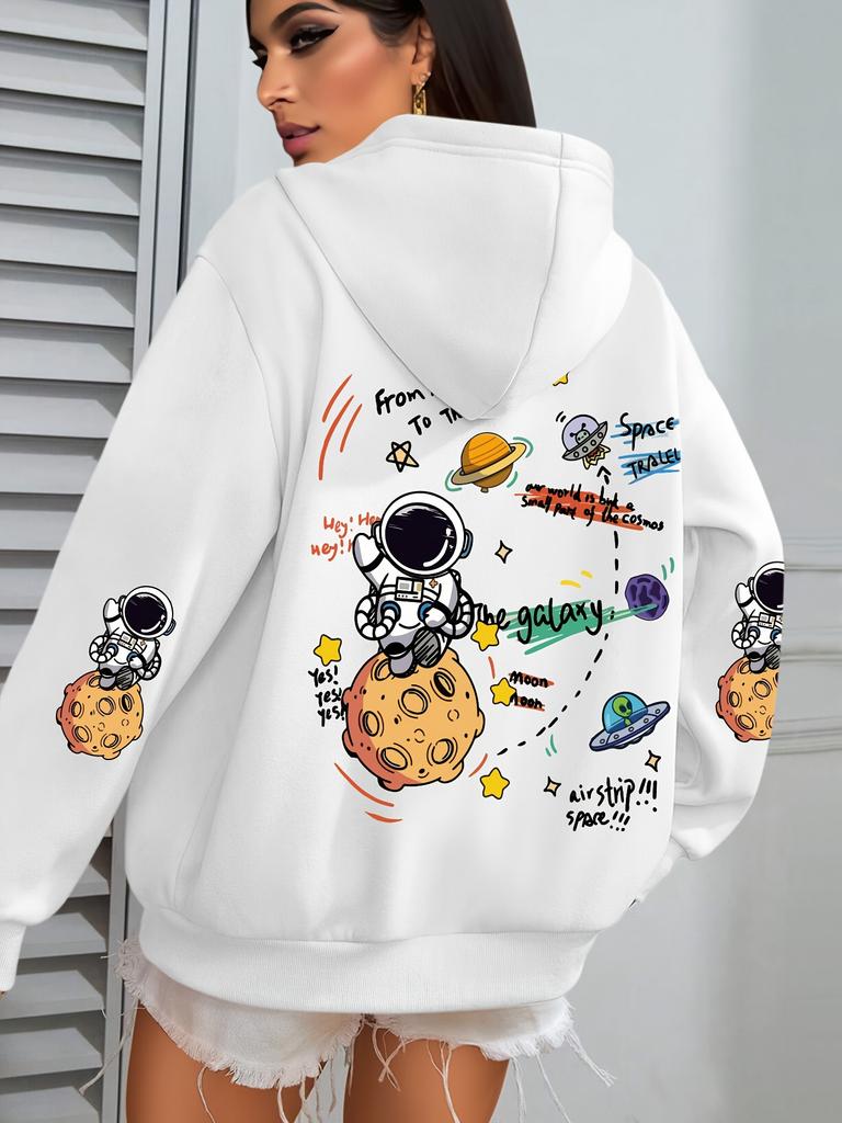 Galaxy und Astronaut Cartoon Print Kapuzenpullover Damen Rundhals Lässig Weicher Hoodie Mode Oversize Hoodie Herbst Warm Fleece Kapuzenpullover