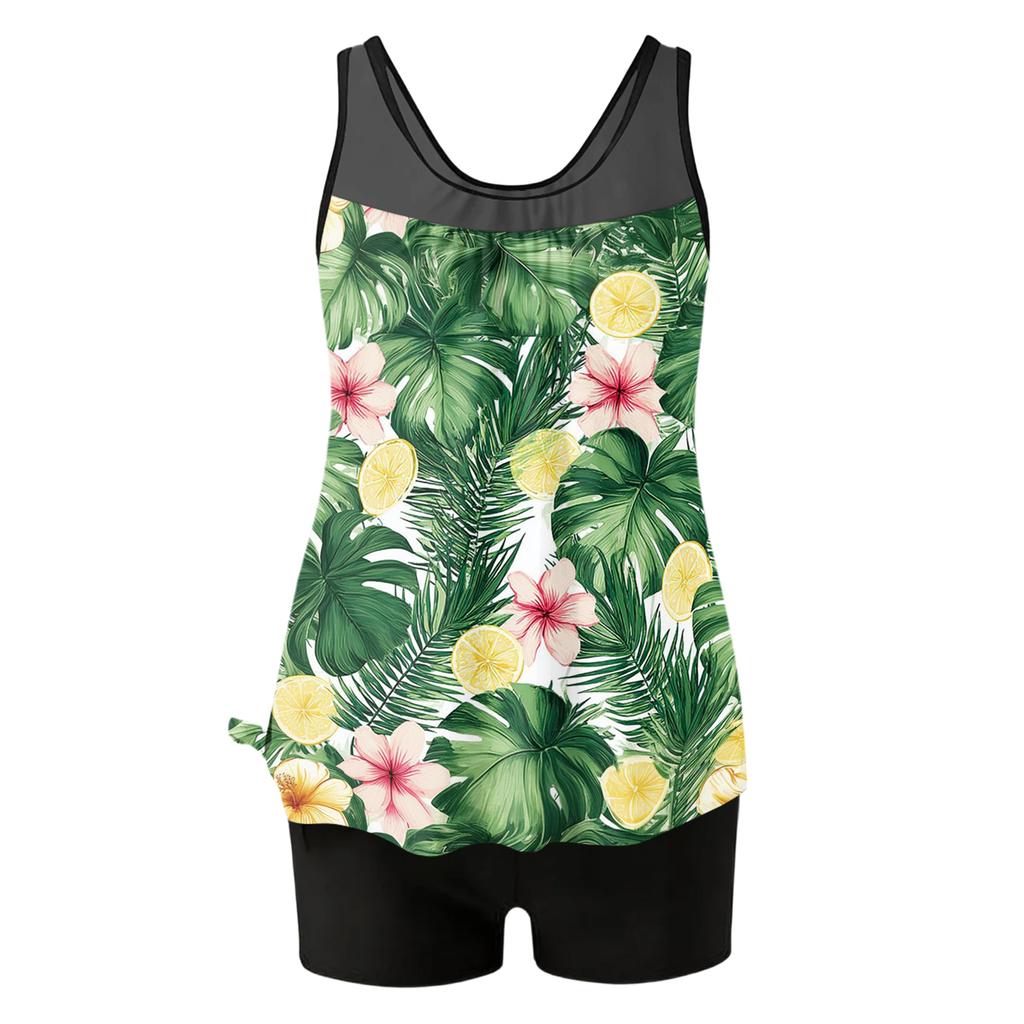 Damen Tankini Badeanzug Set mit Blattdruck Ärmelloses Oberteil und Badeshorts für Strand- und Poolaktivitäten