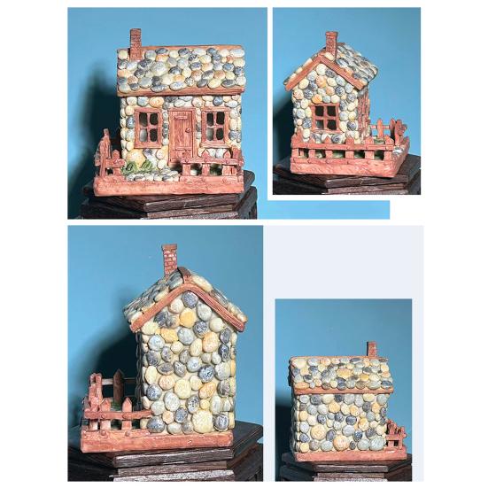 Miniature Resin Stone House Mini Rustic Pebble House with LED Light Fairy Garden Micro Landscape Decoration for Bonsai Moss Terrarium Crafts