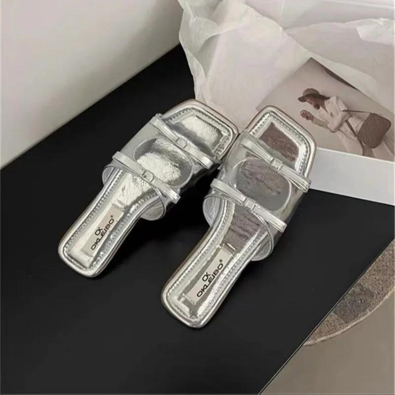 Fashion 2024 Flats Slippers Women Square Toe Sandals Beach Walking Shoes Summer Open Toe Slides Slingback Flip Flops Zapatillas De Mujer