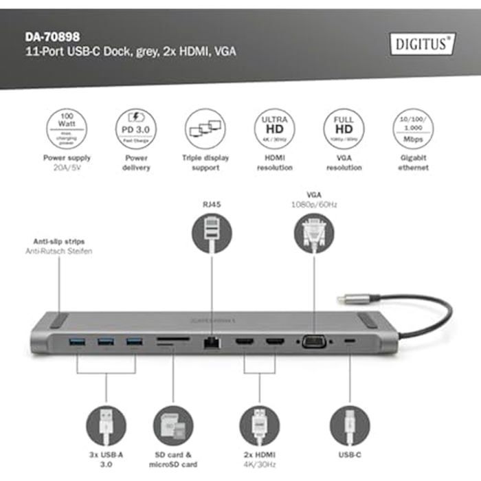 DIGITUS Station D'accueil USB-C Pour Ordinateur Portable - 11 Ports - 2X HDMI, 1x VGA - Ultra HD 4k30Hz - 3X USB 3.0, 1x USB Type-C