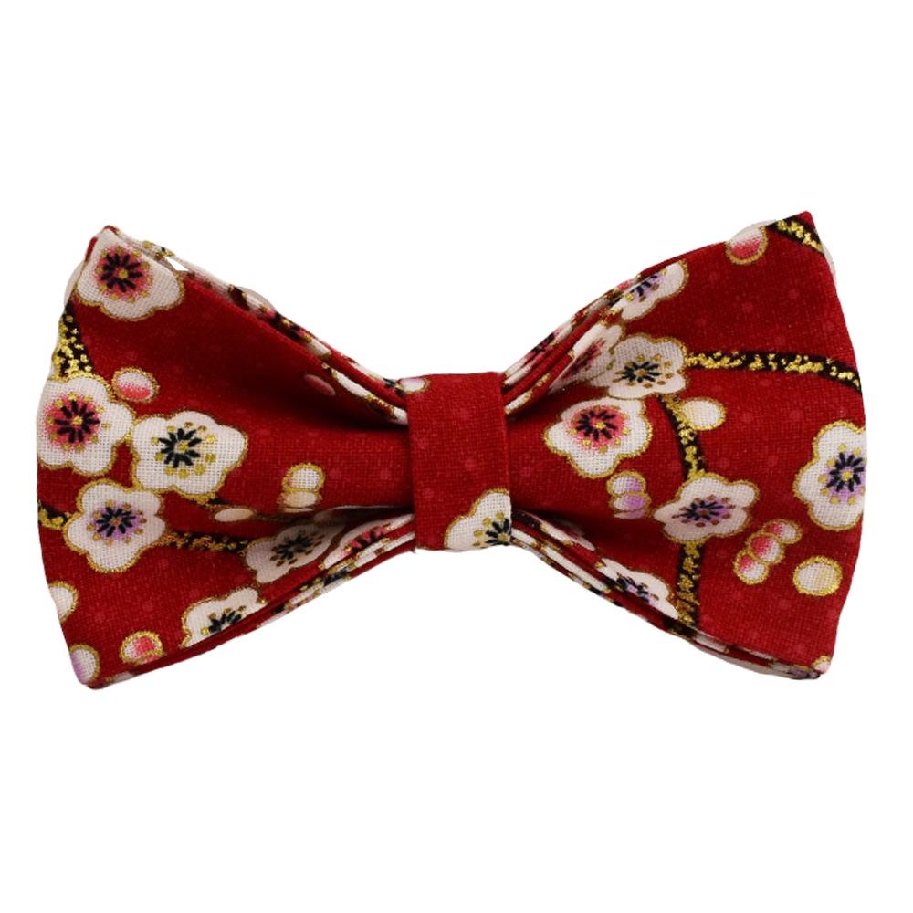 Red Plum Blossom & Japanese Floral Dog Collar with Zinc Alloy Buckle and Bow Tie Set