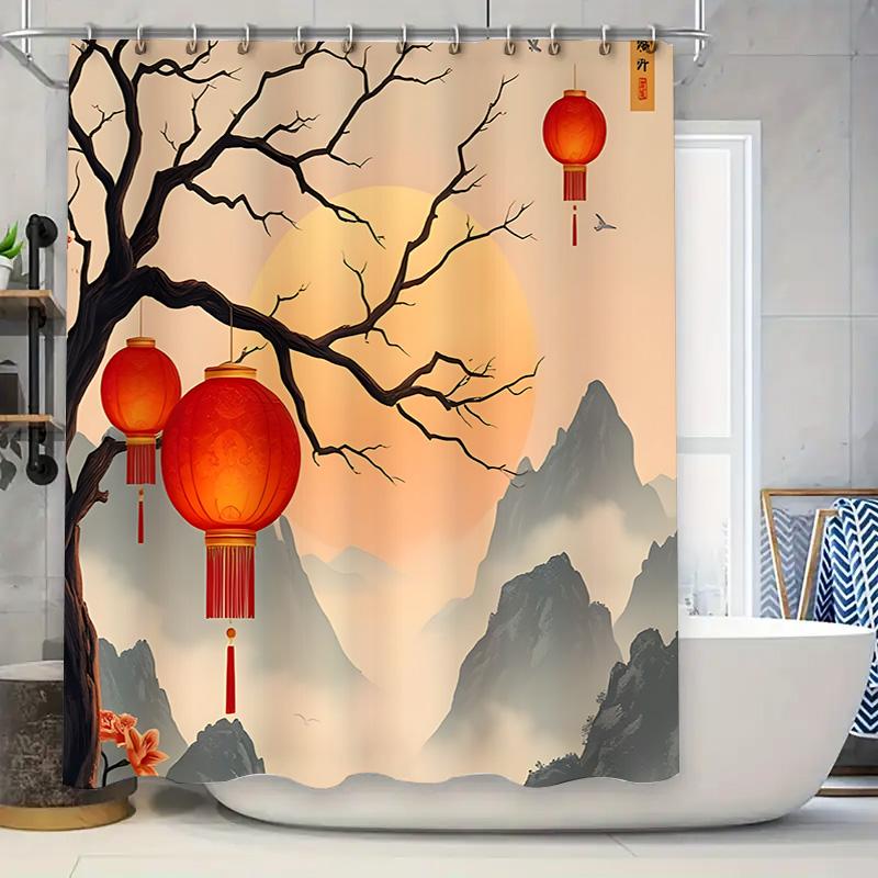 

Elegant Chinese Style Shower Curtain With Red Lanterns And Mountain Landscape Design - Waterproof And Durable Home Decor W60H190(CM)-1 Pcs