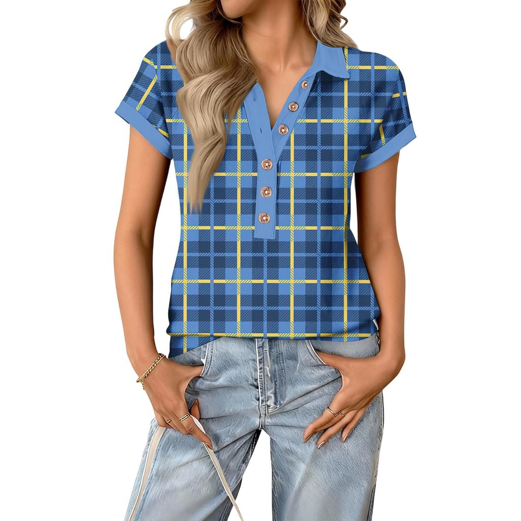 Damen modisches und lässiges Sommer V-Ausschnitt Patchwork Kurzarm Karoprint Top