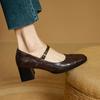 Fashion 2025 New Cow Leather Women Dress Shoes Chunky Heel Retro Mary Janes Shoes Shallow Round Toe Pumps Ankle Strap Ladies Office Shoe