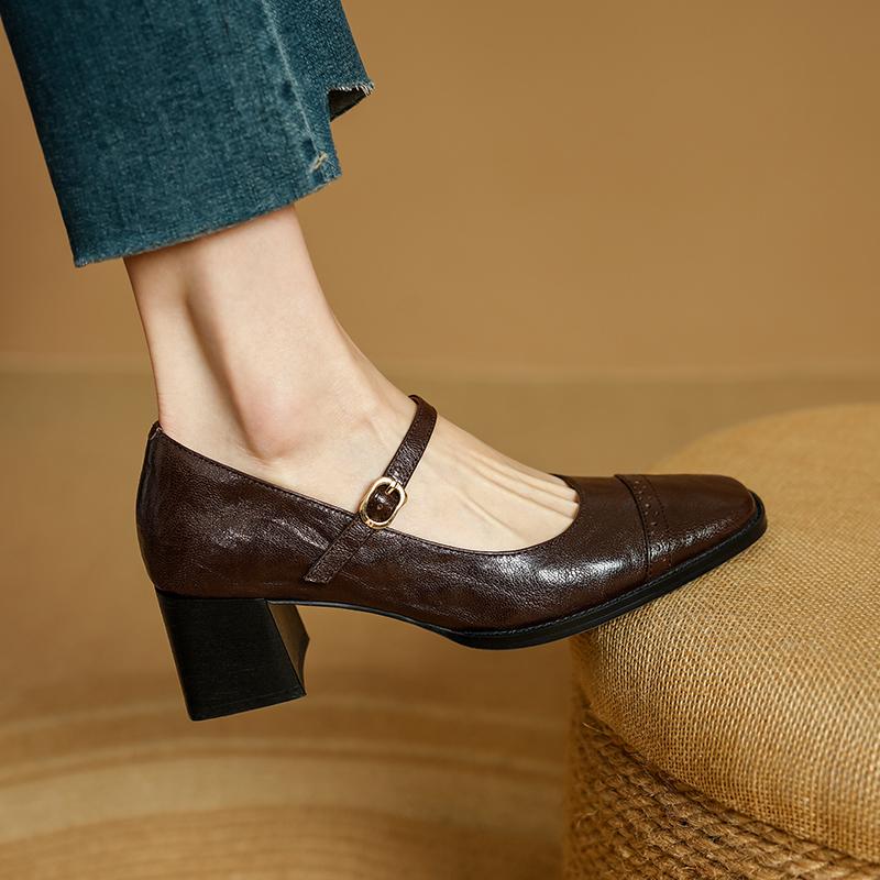 Fashion 2025 New Cow Leather Women Dress Shoes Chunky Heel Retro Mary Janes Shoes Shallow Round Toe Pumps Ankle Strap Ladies Office Shoe