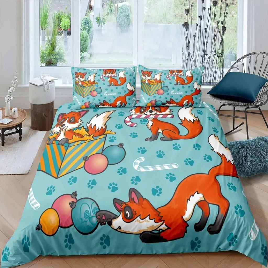 Cartoon Fox Duvet Set Cute Animal Print Bedding Three-Piece Set