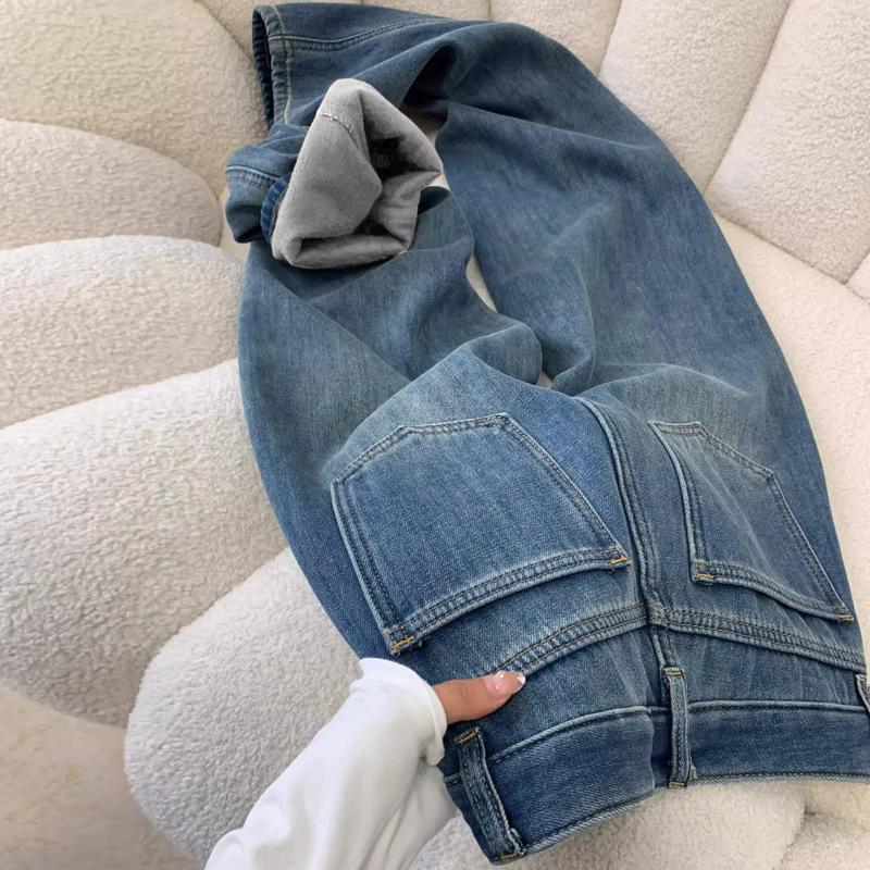 Džíny s vysokým pasem pro ženy, zesílené a plyšové, rovné nohavice, volné, retro, široké nohavice, všestranné dlouhé kalhoty