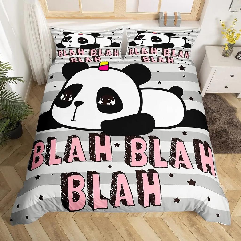 Panda Duvet Cover Set King Size Black And White Animal Comforter Cover With Pillowcases Starry Sky Blue Ultra Soft Quilt Cover