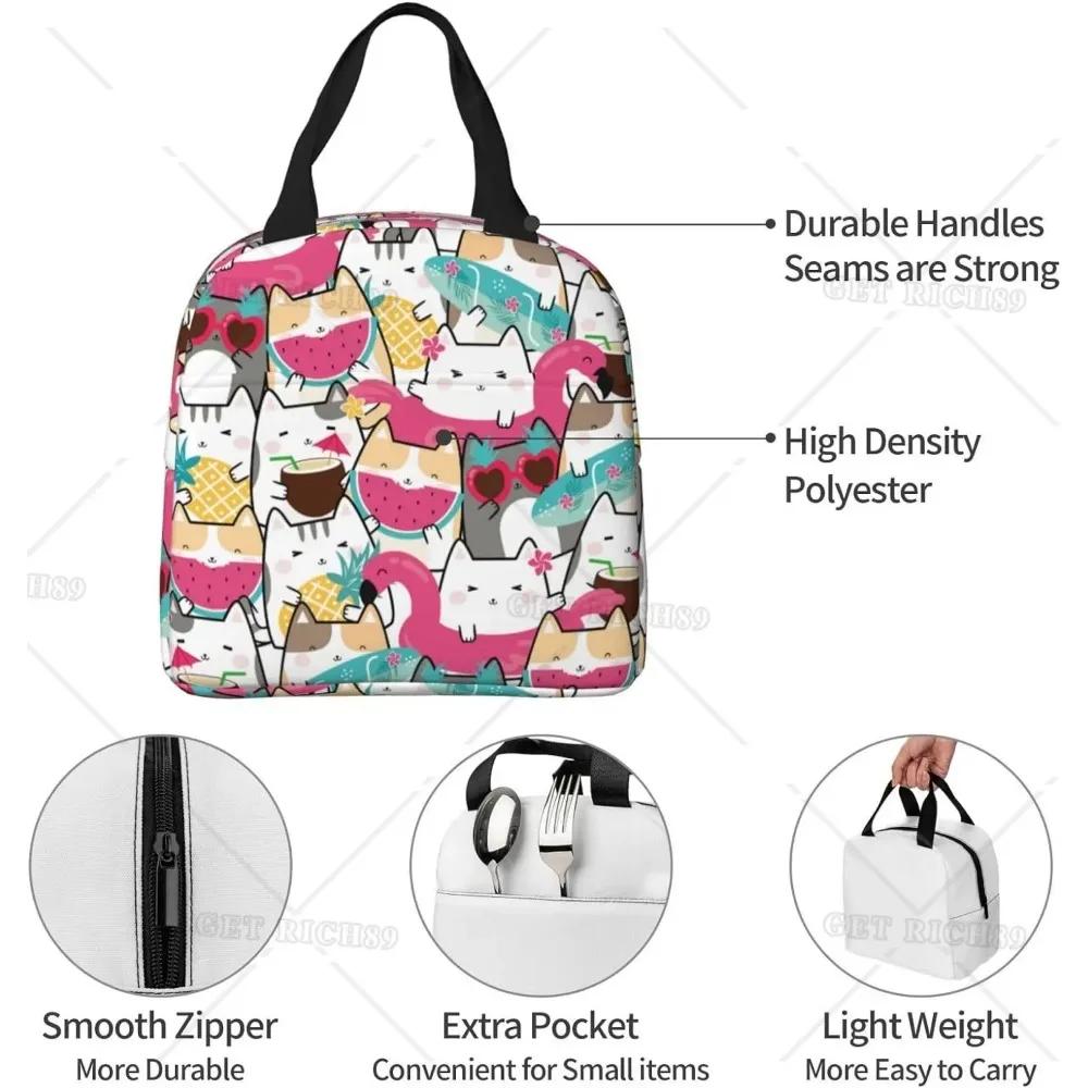 Pink Summer Fruits Watermelon Pineapple Cat Insulated Lunch Bag for Girls Reusable Lunch Tote Portable Lunch Box Cooler Bag