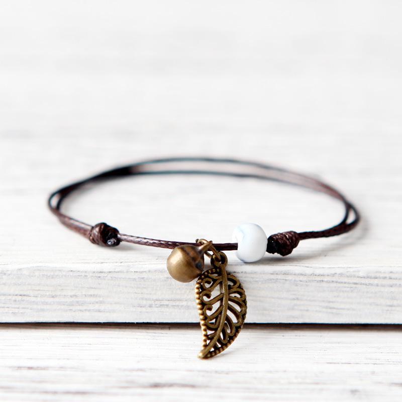 Ethnic Style Anklet For Women Vintage Bronze Leaf & Bell With Colorful Ceramic Bead Pendant On Leather Rope