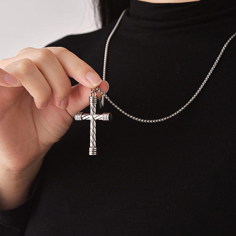 Men's Retro Cross Titanium Steel Necklace - European & American Style, Long Sweater Chain, Hip Hop, Versatile for Couples.