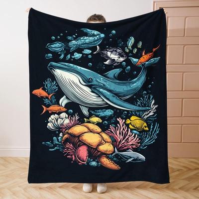 1 Stück Gemütliche Unterwasserwelt Flanell-Kuscheldecke Weich & Warm Ganzjahres-Tagesdecke mit Walhai, Schildkröten, Korallenriffen