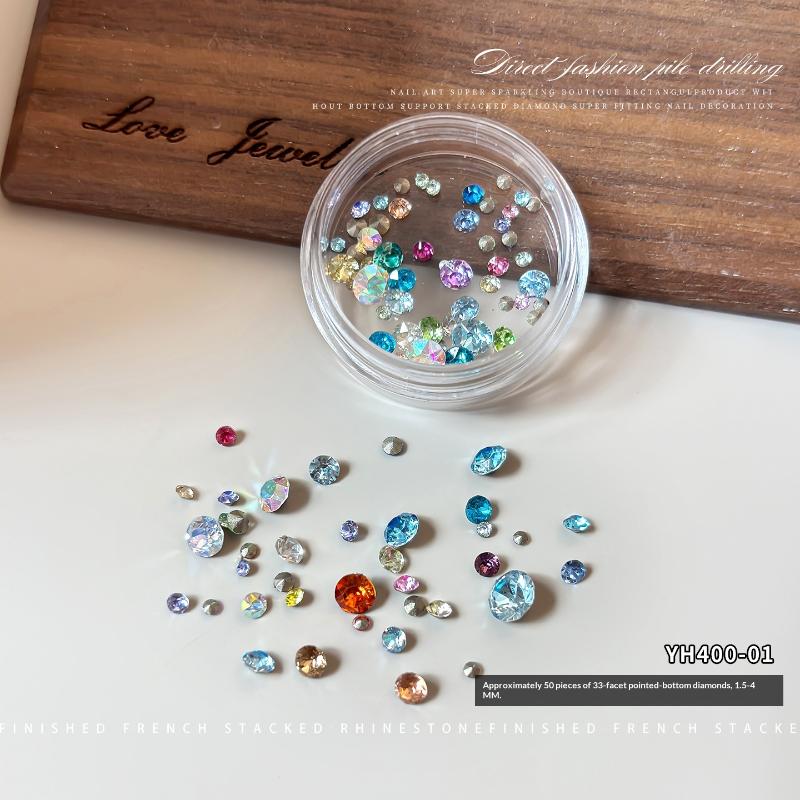1 Box Mixed-Size Mini Pointed-bottom Round Nail Rhinestone Shiny Luxury Nail Crystal DIY Nail Art Decoration Gems Accessories