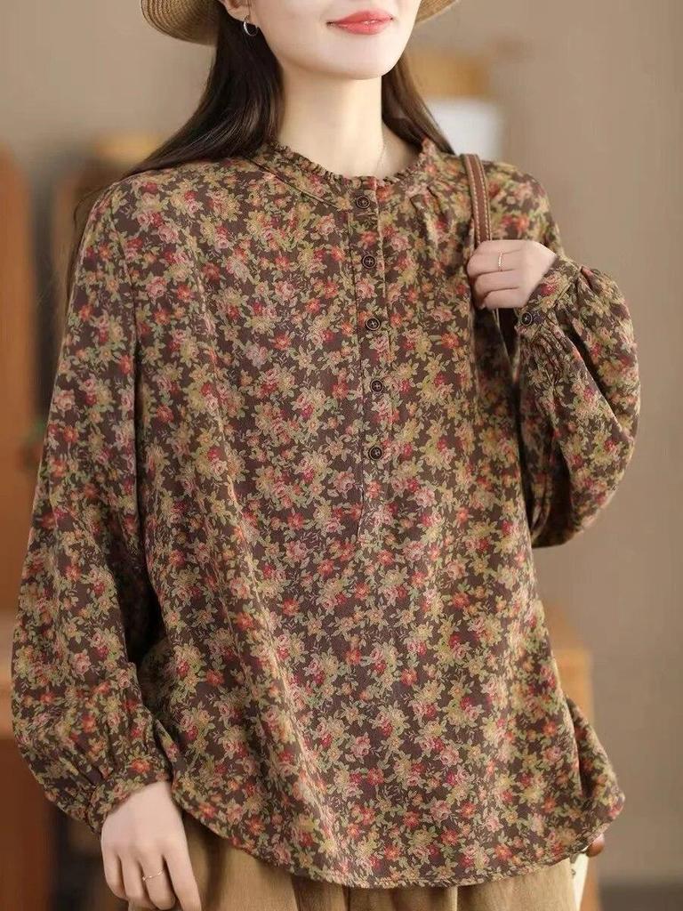 Johnature Women Vintage Print Floral T-Shirts Long Sleeve O-Neck Spring Tees Double Cotton Soft Loose Women T-Shirts