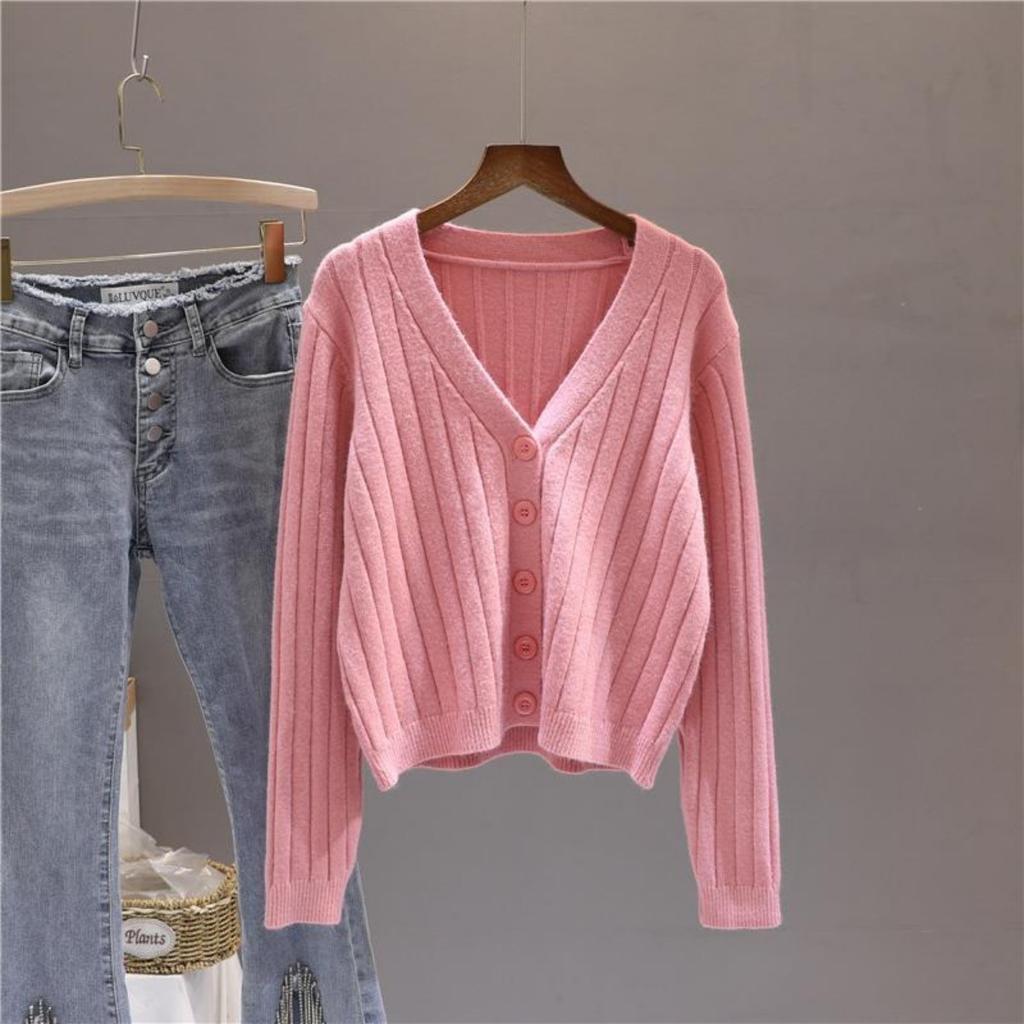 Spring and Autumn Short Outfit Loose Long Sleeve V-neck Sweater Knitted Sweater Thin Cardigan Coat Women's Top
