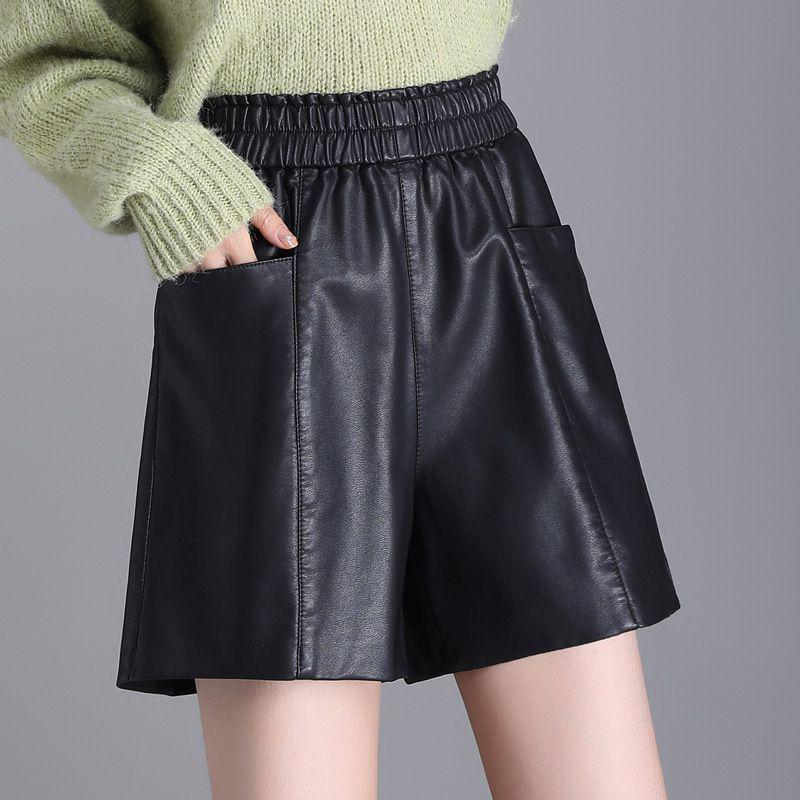 

Women s PU Leather Bootcut Shorts - 2025 New Autumn/Winter, Elastic Waist, Plus Size, Loose A-Line, Slimming, Wide Leg L 95-110 lbs чёрный