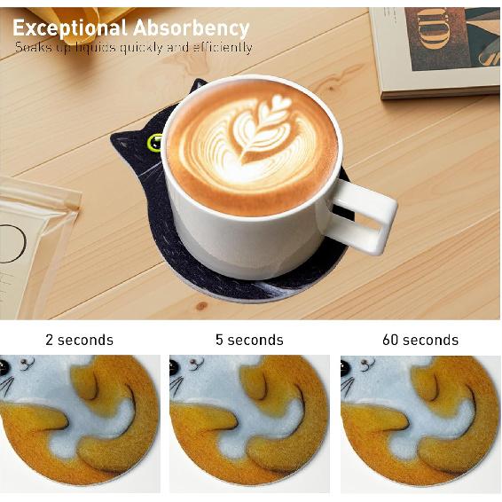 3-Pack Cat Coasters with Holder, Absorbent Felt Coasters with 3 Unique Cat Designs, Non-Slip Scratch Protection for Table, Washable Rustic Coaster