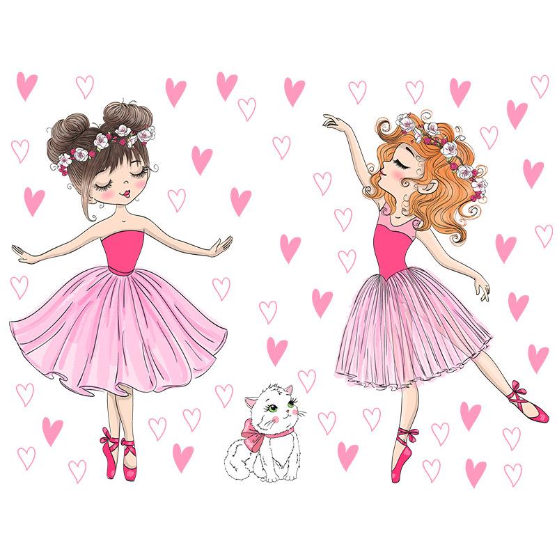 Cartoon Ballet Dancing Cat with Heart Stickers for Girls Room Wall Decor Kids Bedroom Nursery Removable Wall Art